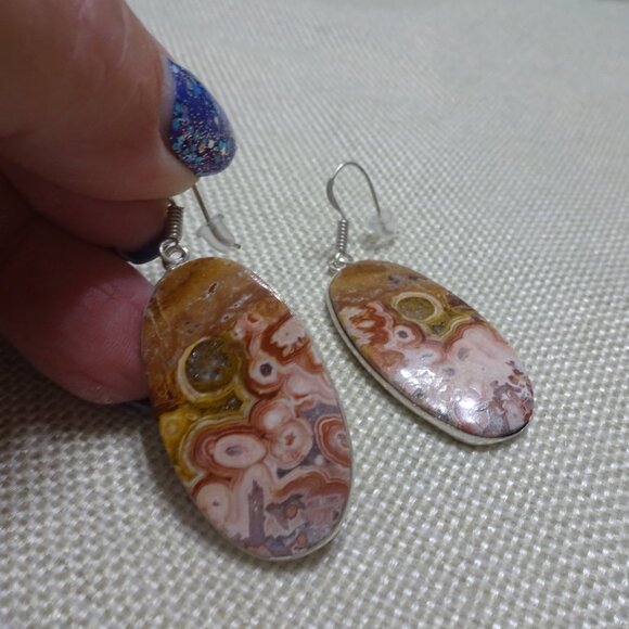 Natural MEXICAN LAGUNA Handmade Sterling Dangle Earrings (1 1/2" Drop) #927B - Picture 2 of 3